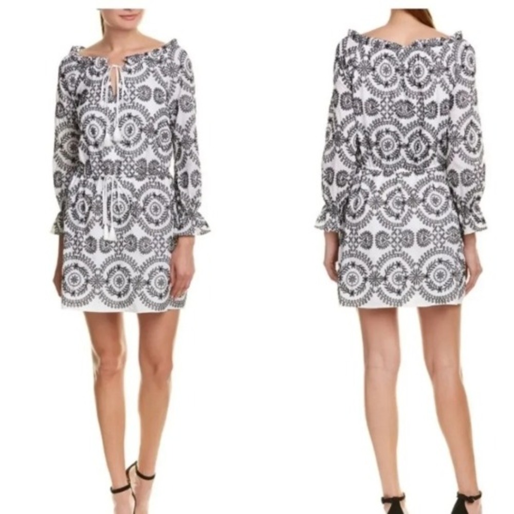 Sam Edelman Womens White Black Embroidered Medallion Tassel Mini Dress Size 6